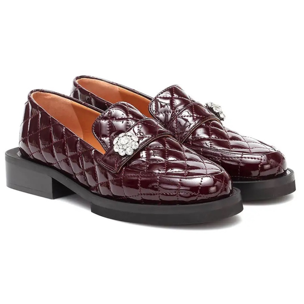 Ganni Quilted Patent Leather Loafers Port Royale Burgundy 39